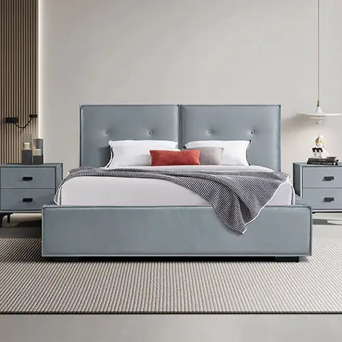 Estella Queen Bed Frame with Upholstered Fabric in Grey Blue, Modern Bedroom Furniture with Button-Tufted Headboard and Slatted Base - Ideal for Contemporary Australian Homes