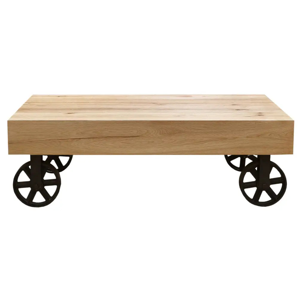 Ethan 120cm Coffee Table Trolley Wheel Veneer Solid Oak Top Metal Leg - Natural - Furniture > Living Room