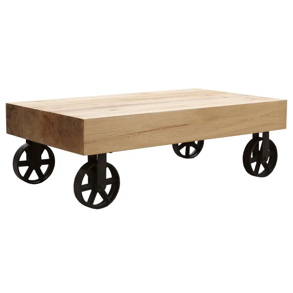 Ethan 120cm Coffee Table Trolley Wheel Veneer Solid Oak Top Metal Leg - Natural - Furniture > Living Room
