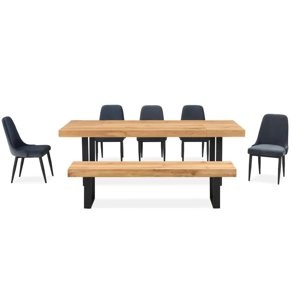 Ethan 190cm Dining Table Bench Seat Veneer Solid Oak Top Metal Leg - Natural - Furniture > Dining