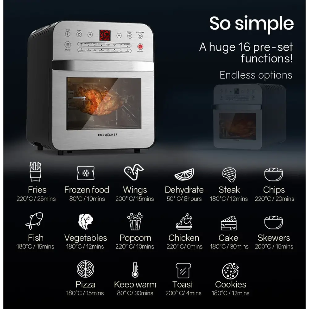 EUROCHEF 16L Digital Air Fryer Electric Airfryer Rotisserie Large Big Dry Cooker Silver - Appliances > Kitchen