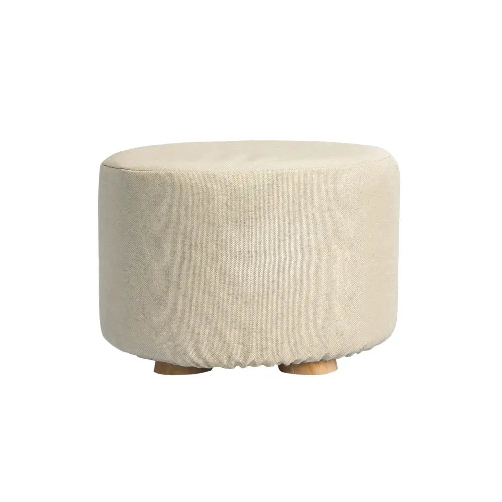 Fabric Ottoman Round Wooden Leg Foot Stool - BEIGE - Furniture > Living Room