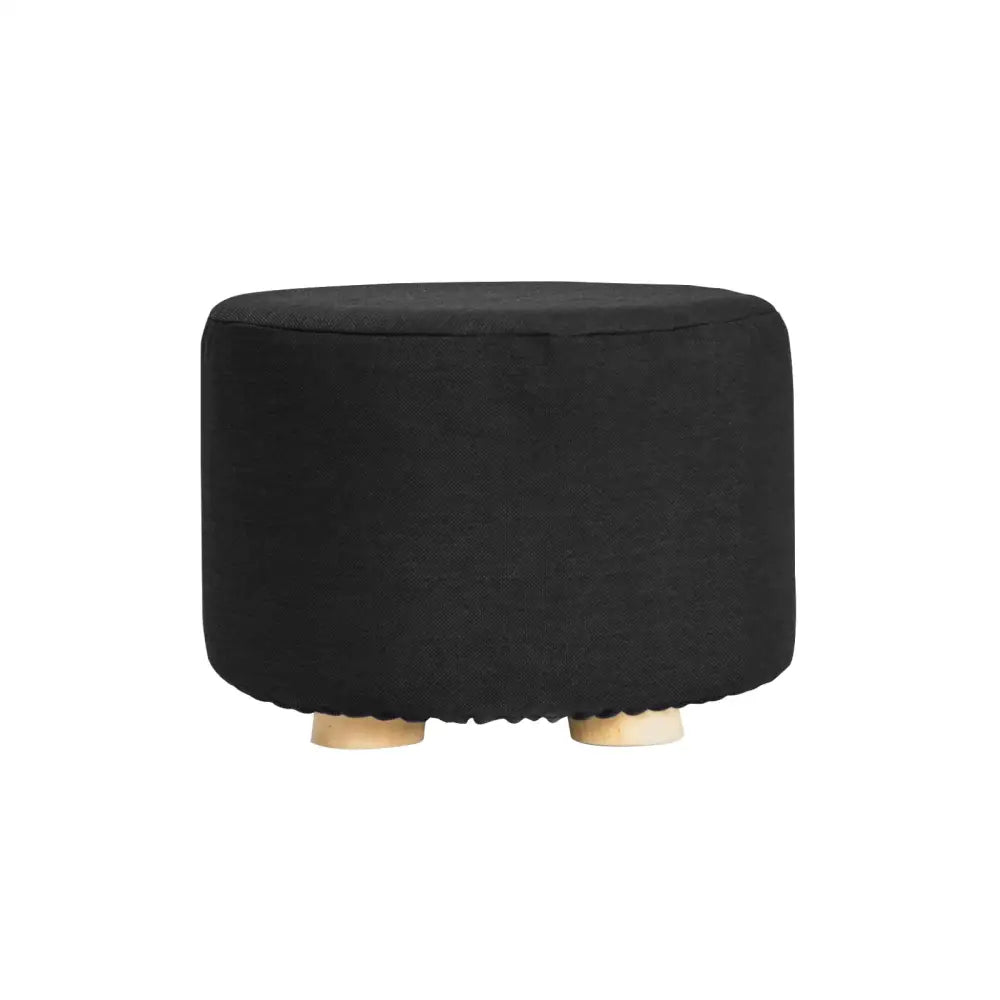 Fabric Ottoman Round Wooden Leg Foot Stool - BLACK - Furniture > Living Room