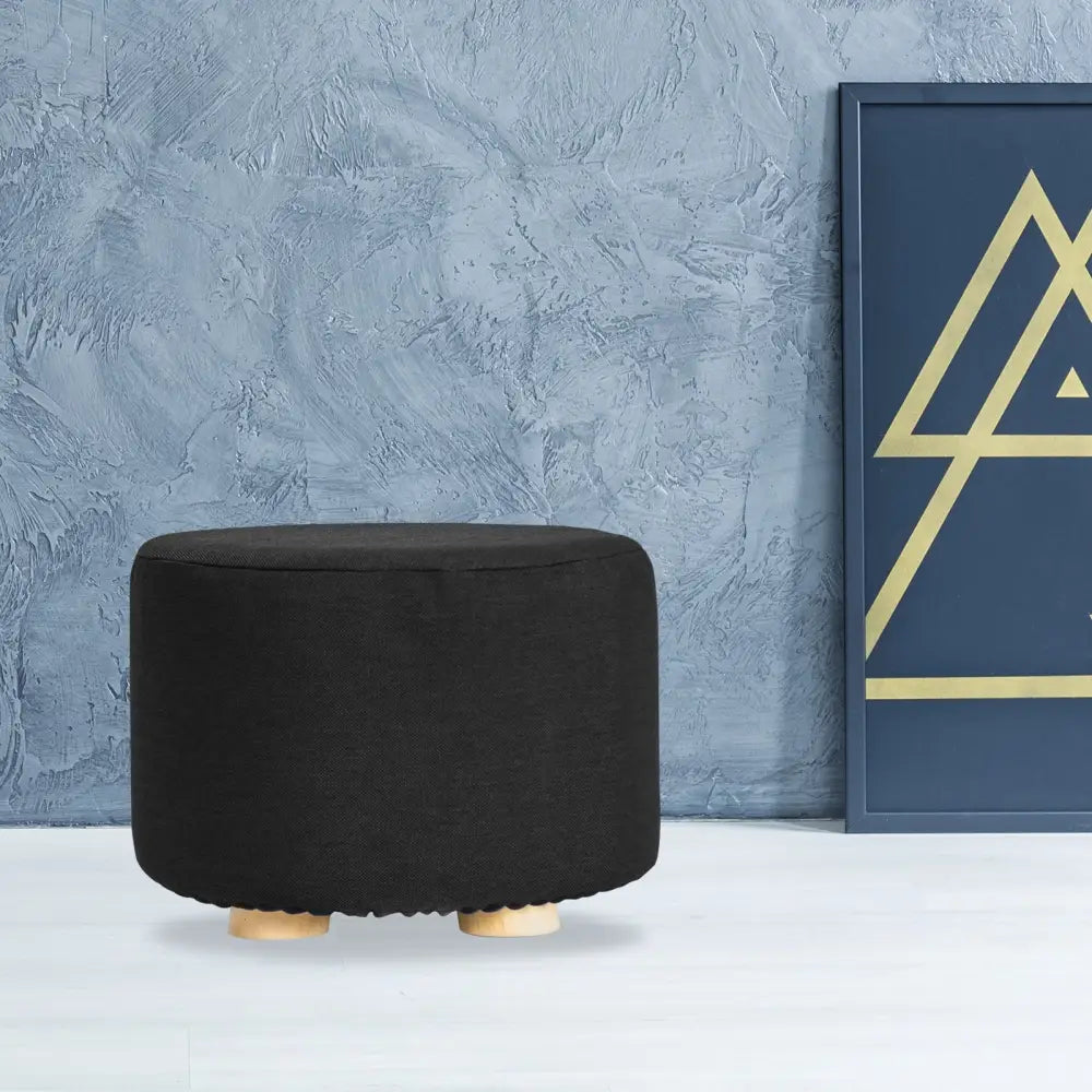 Fabric Ottoman Round Wooden Leg Foot Stool - BLACK - Furniture > Living Room