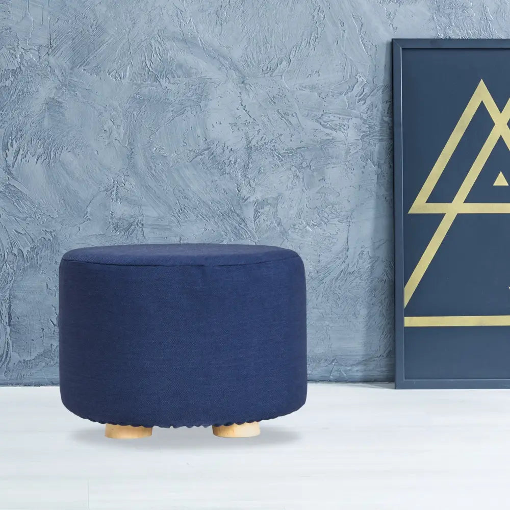 Fabric Ottoman Round Wooden Leg Foot Stool - DARK BLUE - Furniture > Living Room