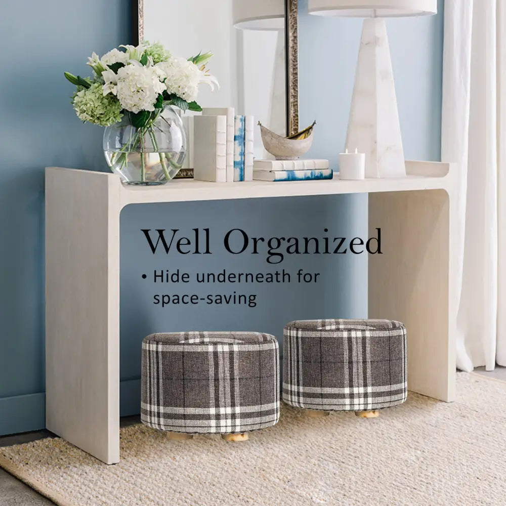 Fabric Ottoman Round Wooden Leg Foot Stool - LATTICE - Furniture > Living Room