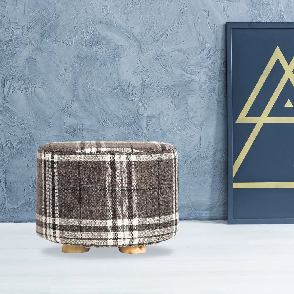 Fabric Ottoman Round Wooden Leg Foot Stool - LATTICE - Furniture > Living Room
