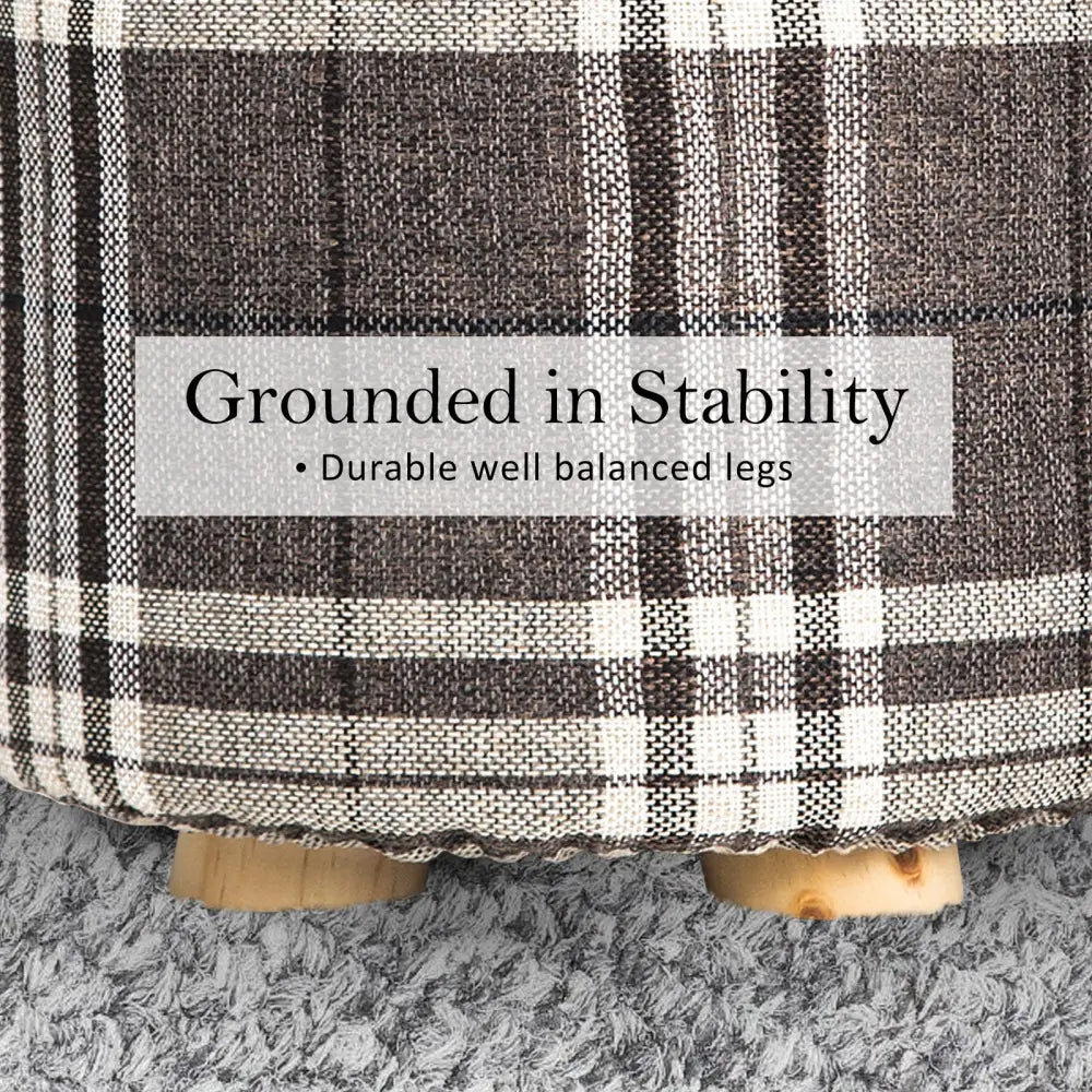 Fabric Ottoman Round Wooden Leg Foot Stool - LATTICE - Furniture > Living Room
