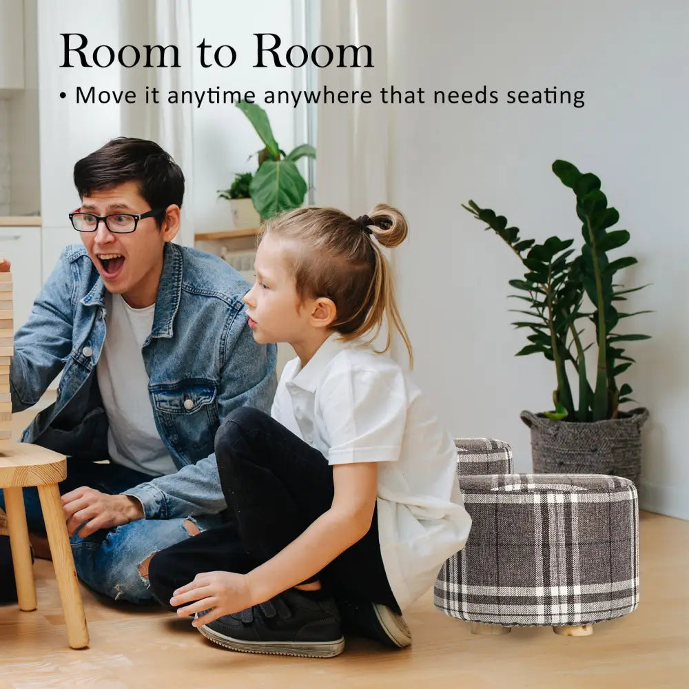 Fabric Ottoman Round Wooden Leg Foot Stool - LATTICE - Furniture > Living Room