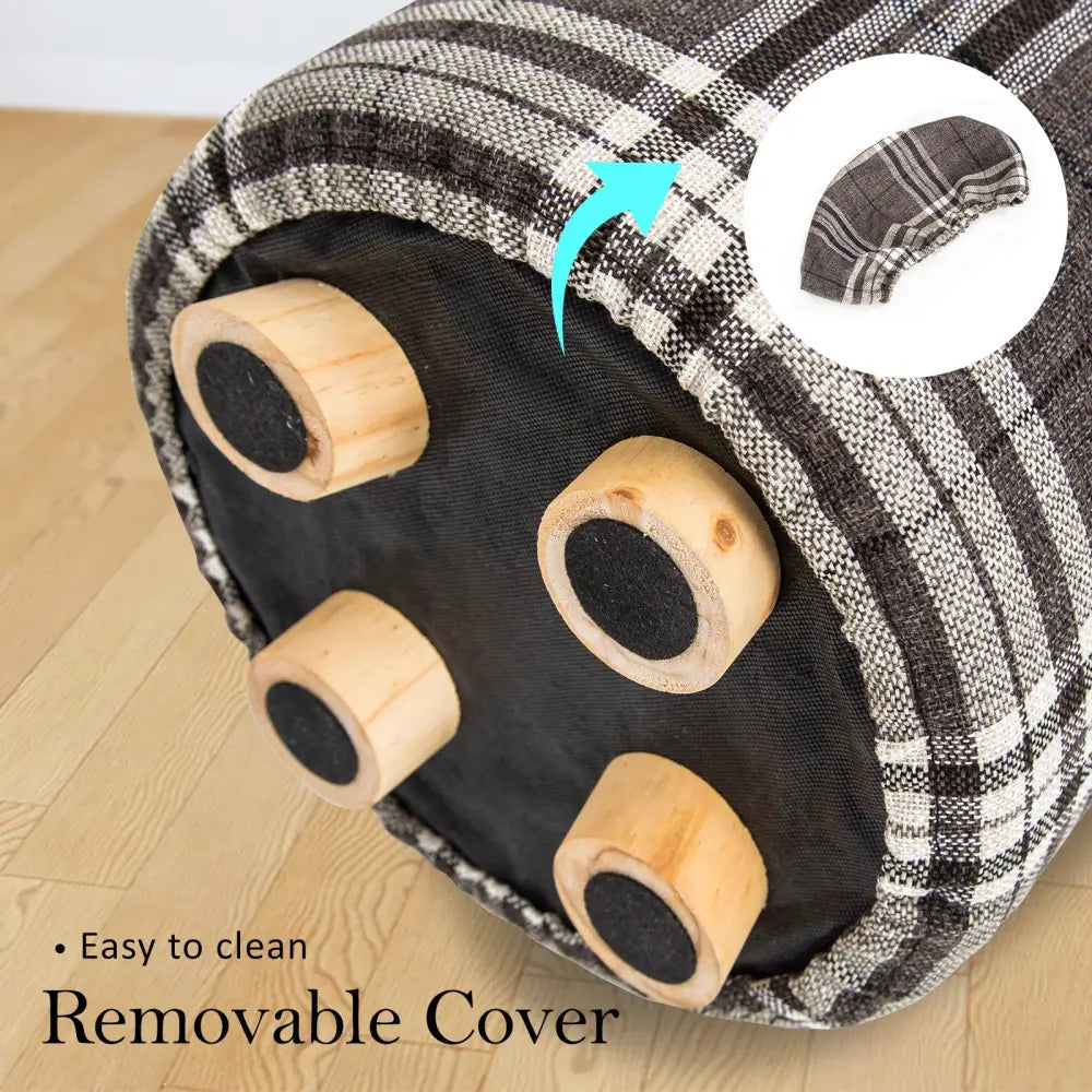 Fabric Ottoman Round Wooden Leg Foot Stool - LATTICE - Furniture > Living Room