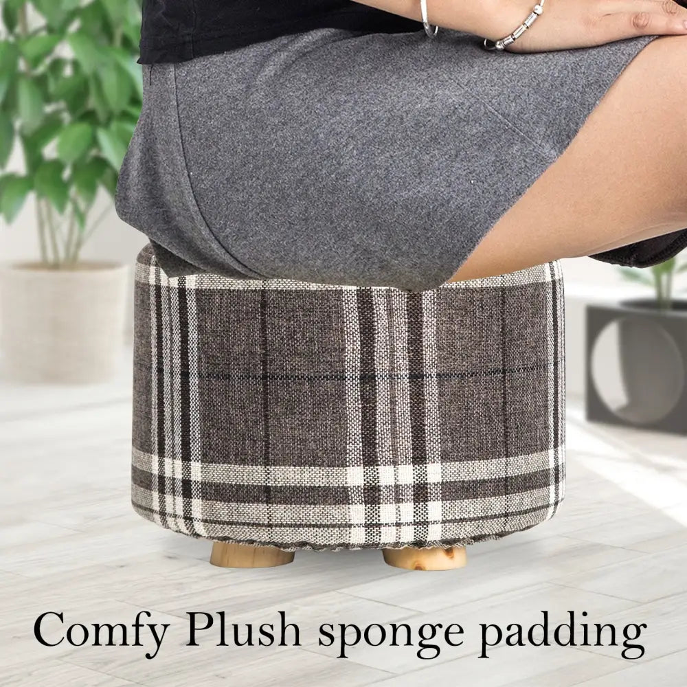 Fabric Ottoman Round Wooden Leg Foot Stool - LATTICE - Furniture > Living Room