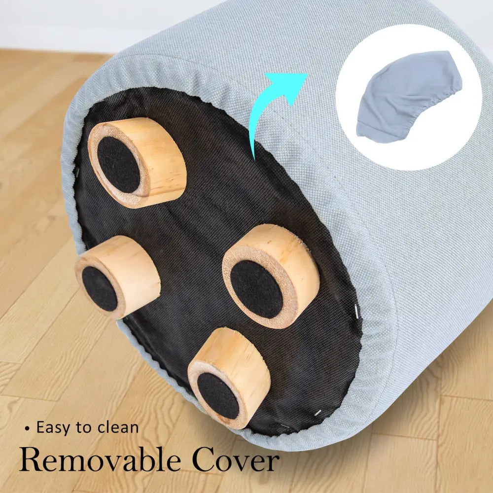 Fabric Ottoman Round Wooden Leg Foot Stool - LIGHT BLUE - Furniture > Living Room