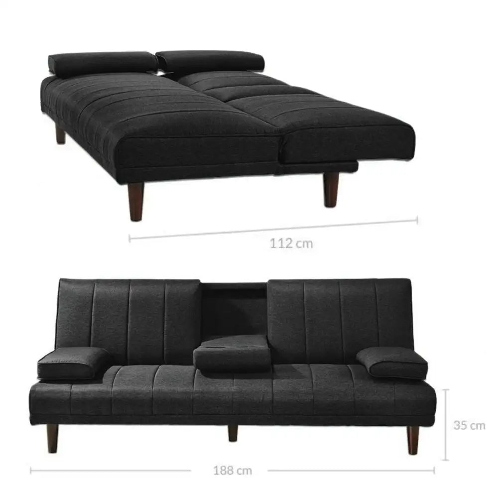 Fabric Sofa Bed with Cup Holder 3 Seater Lounge Couch - Charcoal - Furniture > Bar Stools & Chairs > Arm Chairs &
