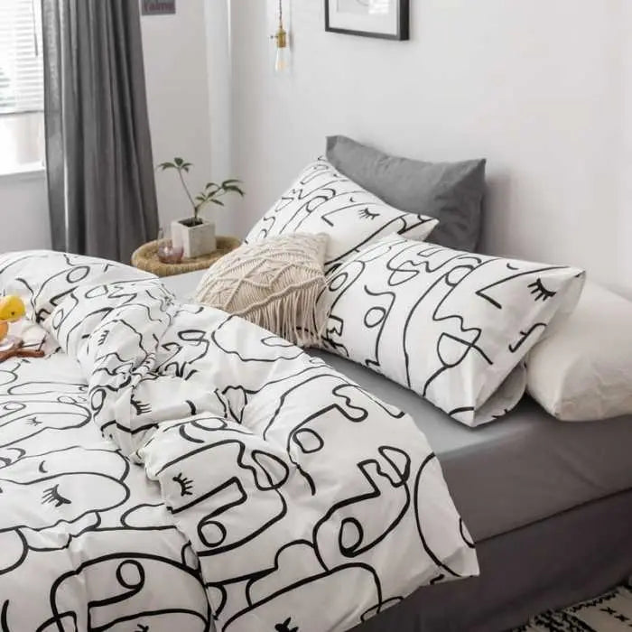 Face Line Graffiti Pattern 3-Piece Polyester Duvet Cover Set with 2 Pcs Pillowcases - Elegant Bedding Machine Washable