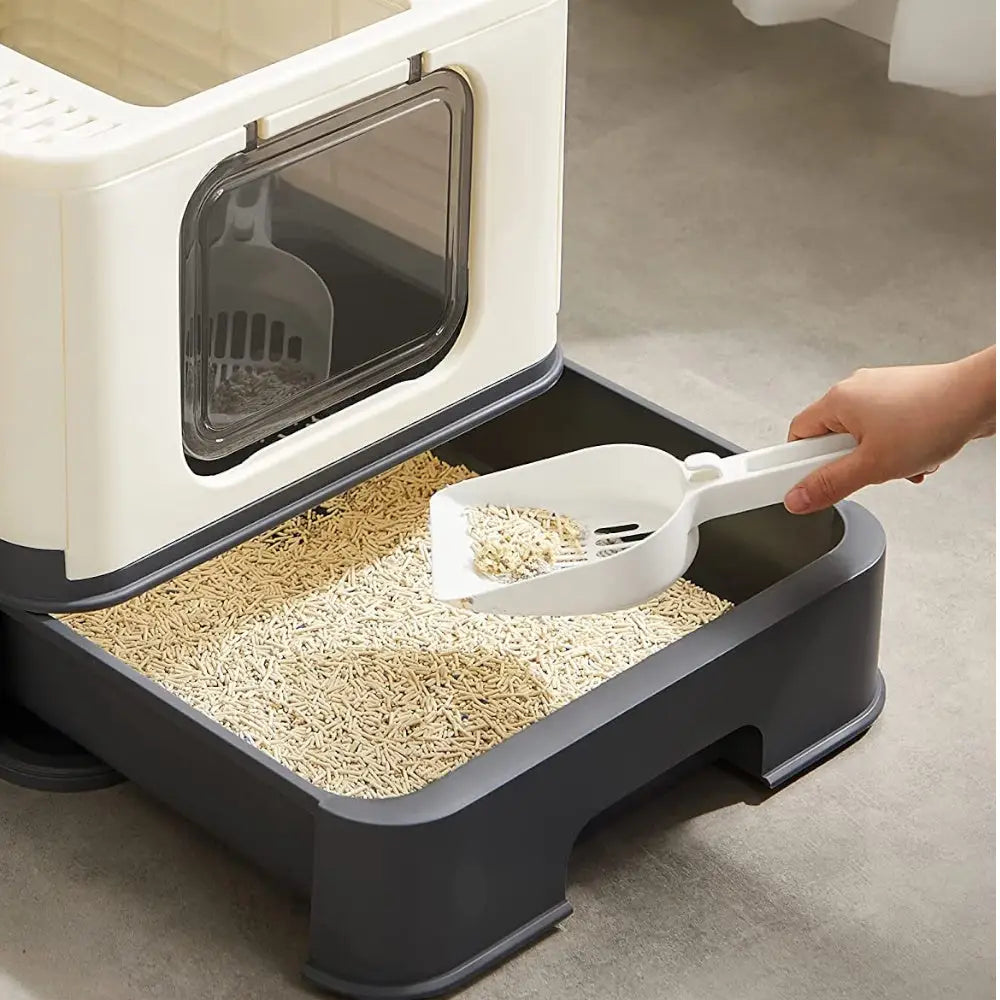 Feandrea Cat Litter Tray with Lid and Door Beige and Black PPT001W01 - Pet Care > Cat Supplies > Cat Litter