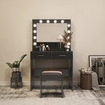 Fidel Vanity Set with Cushioned Stool and Lighted Mirror- Black - Furniture > Bedroom