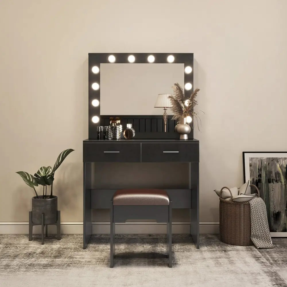 Fidel Vanity Set with Cushioned Stool and Lighted Mirror- Black - Furniture > Bedroom
