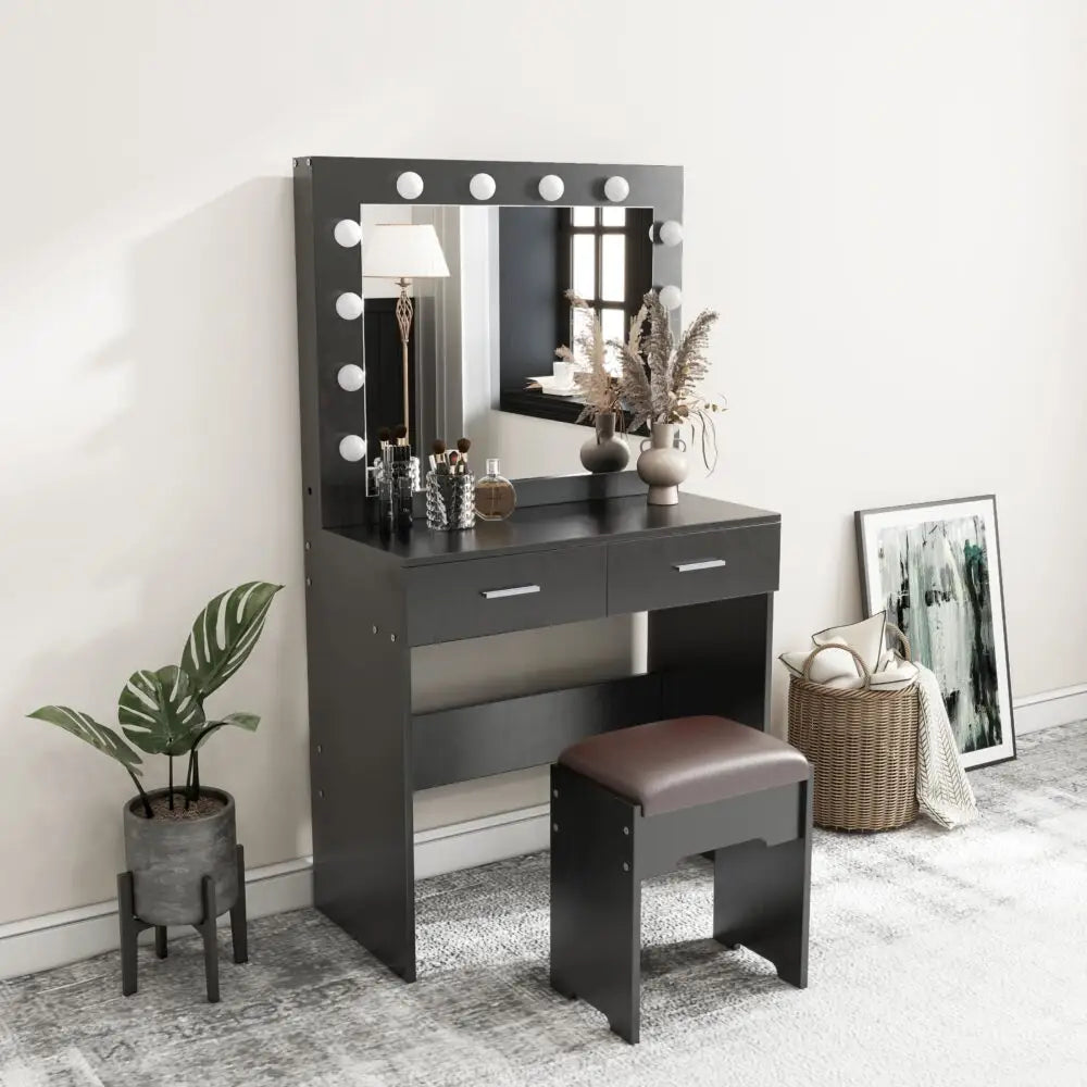 Fidel Vanity Set with Cushioned Stool and Lighted Mirror- Black - Furniture > Bedroom