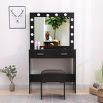 Fidel Vanity Set with Cushioned Stool and Lighted Mirror- Black - Furniture > Bedroom