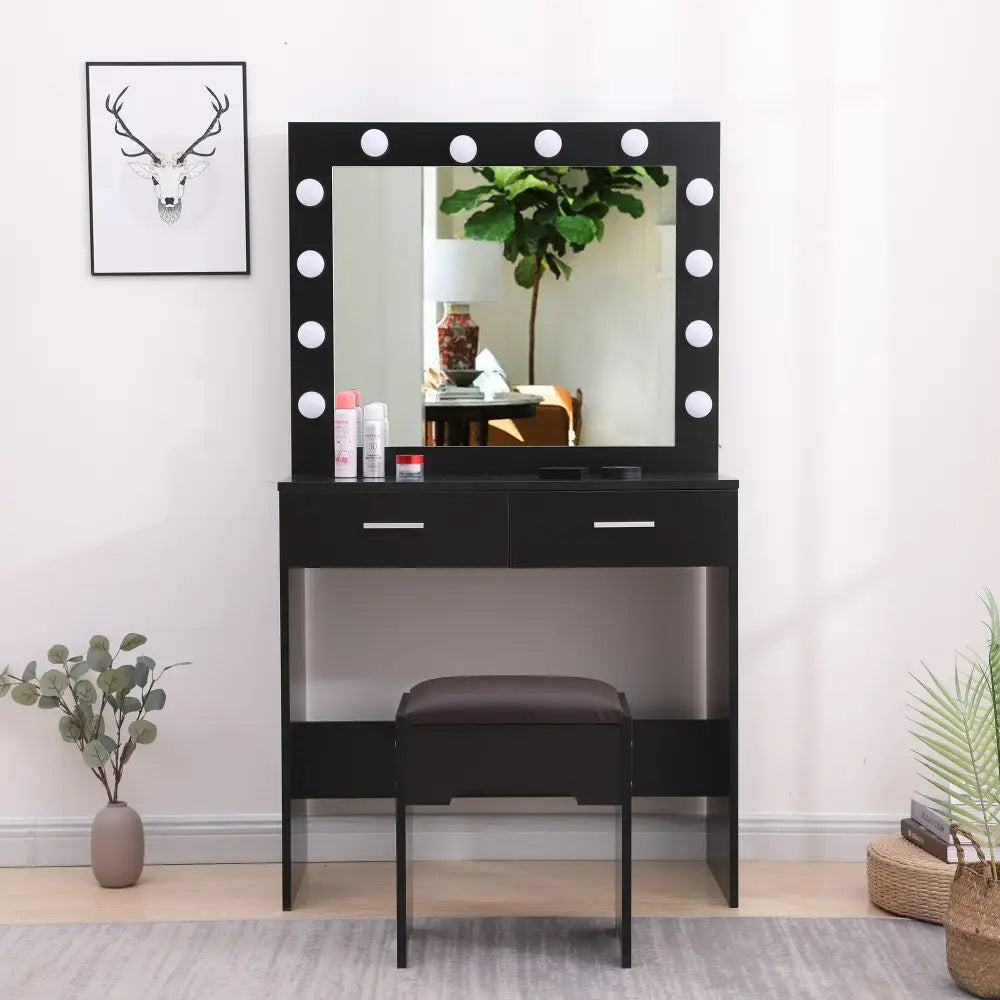 Fidel Vanity Set with Cushioned Stool and Lighted Mirror- Black - Furniture > Bedroom
