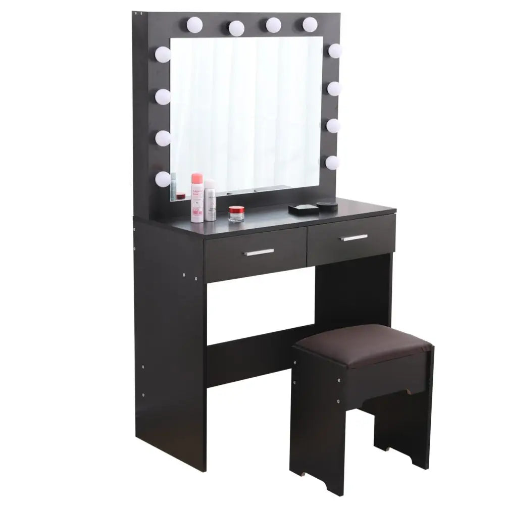 Fidel Vanity Set with Cushioned Stool and Lighted Mirror- Black - Furniture > Bedroom
