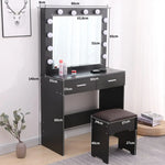 Fidel Vanity Set with Cushioned Stool and Lighted Mirror- Black - Furniture > Bedroom
