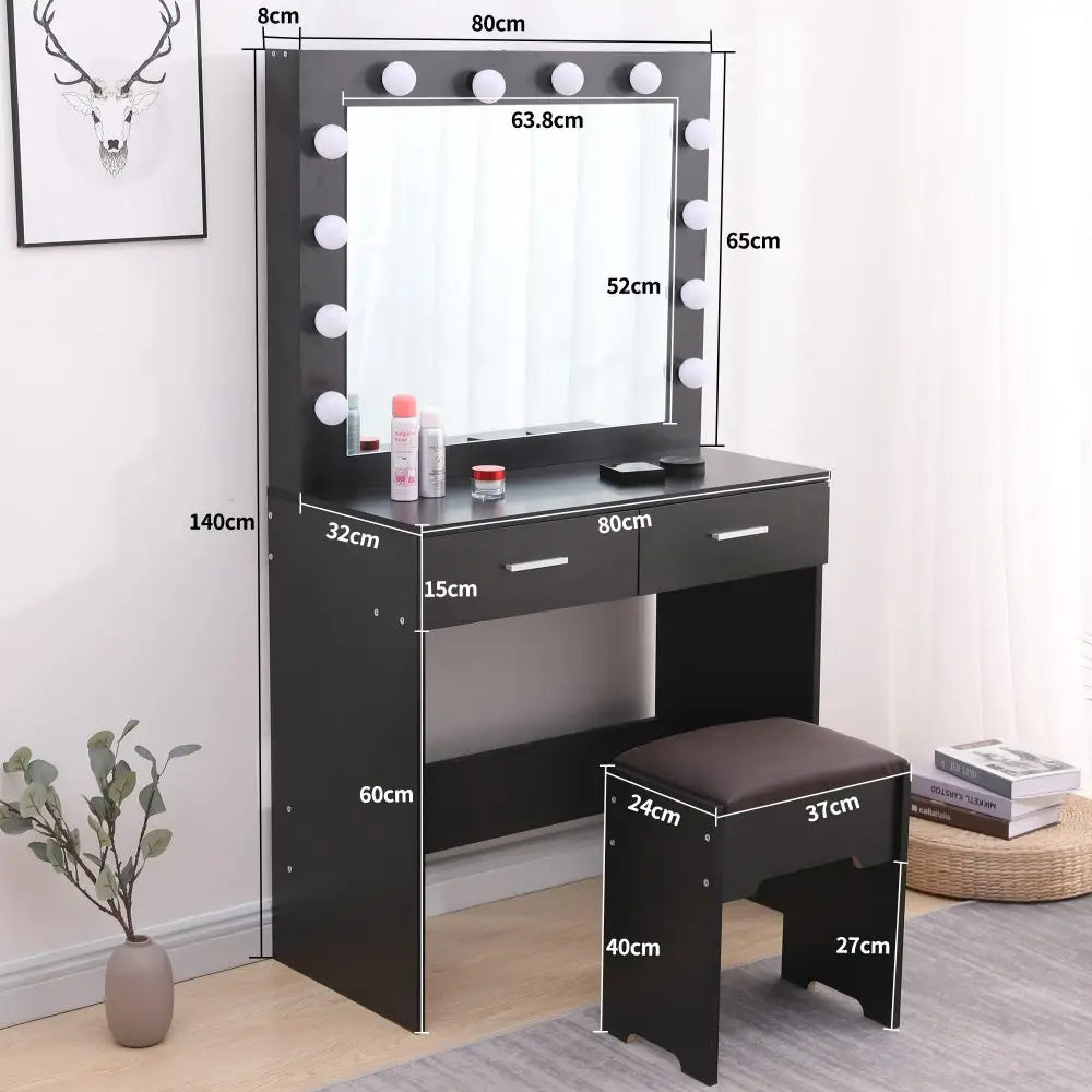 Fidel Vanity Set with Cushioned Stool and Lighted Mirror- Black - Furniture > Bedroom