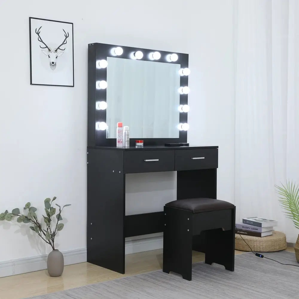 Fidel Vanity Set with Cushioned Stool and Lighted Mirror- Black - Furniture > Bedroom