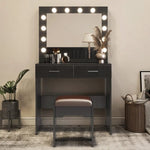 Fidel Vanity Set with Cushioned Stool and Lighted Mirror- Black - Furniture > Bedroom