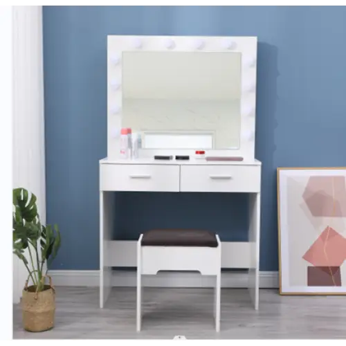 Fidel Vanity Set with Cushioned Stool and Lighted Mirror- White - Furniture > Bedroom