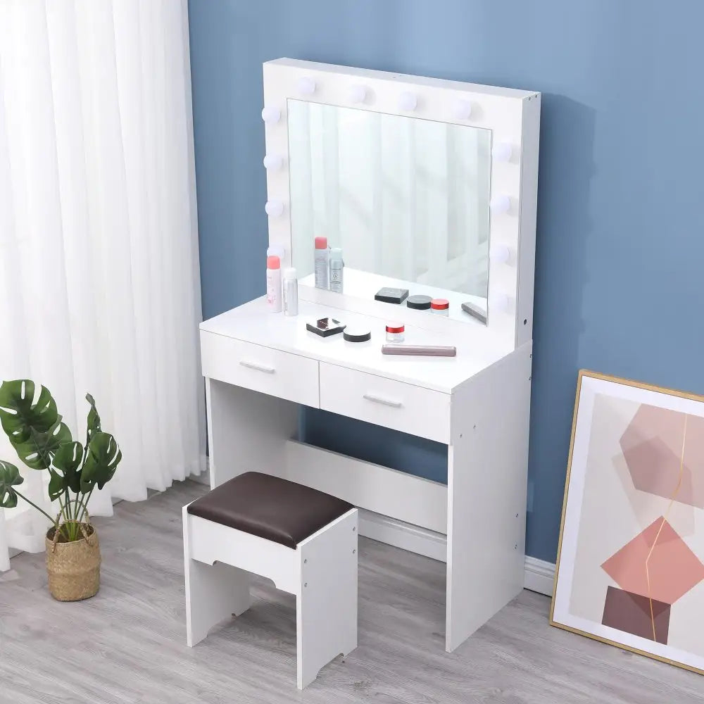 Fidel Vanity Set with Cushioned Stool and Lighted Mirror- White - Furniture > Bedroom