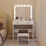 Fidel Vanity Set with Cushioned Stool and Lighted Mirror- White - Furniture > Bedroom