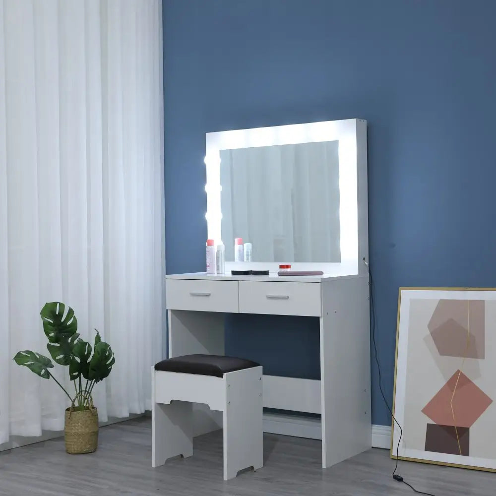 Fidel Vanity Set with Cushioned Stool and Lighted Mirror- White - Furniture > Bedroom