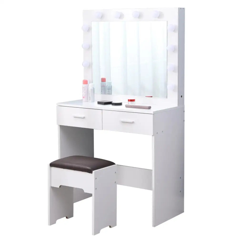 Fidel Vanity Set with Cushioned Stool and Lighted Mirror- White - Furniture > Bedroom