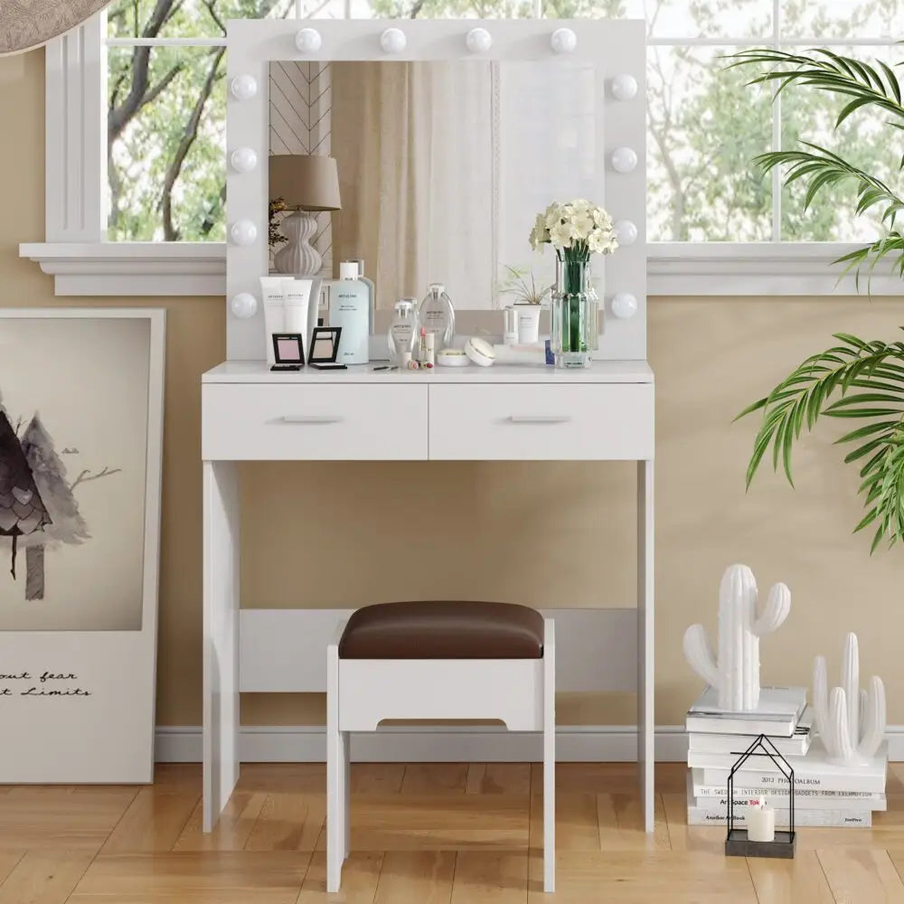 Fidel Vanity Set with Cushioned Stool and Lighted Mirror- White - Furniture > Bedroom