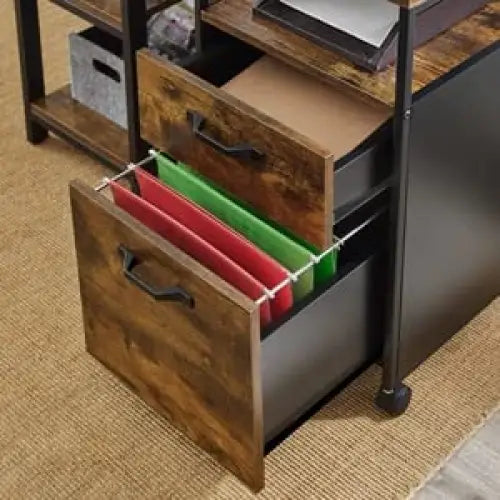 File Cabinet with 2 Drawers Wheels and Open Compartment Rustic Brown and Black - Home & Garden > Home Office