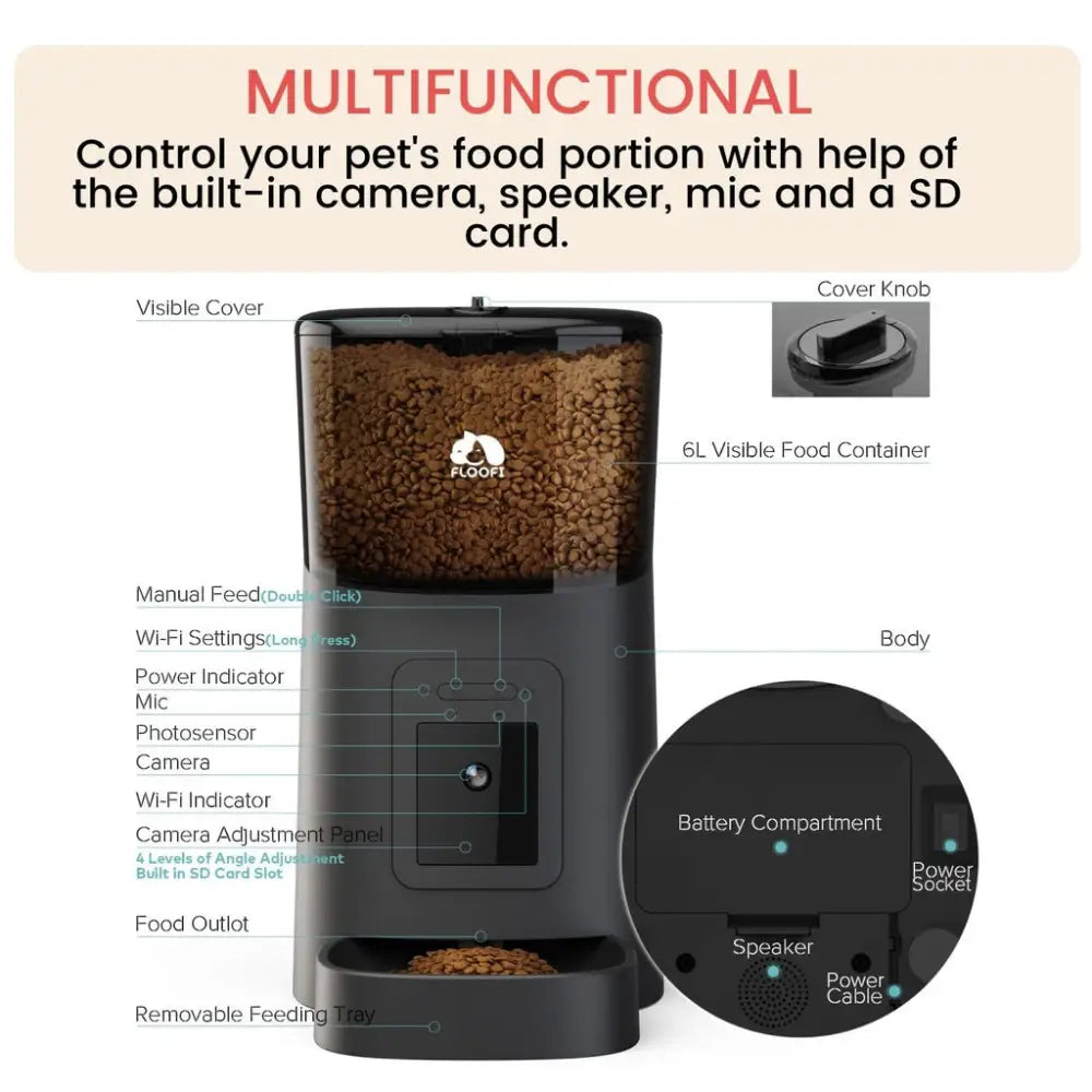 Floofi Smart Pet Feeder with Camera - Black - Pet Care > Dog Supplies > Dog Bowls Feeders & Waterers