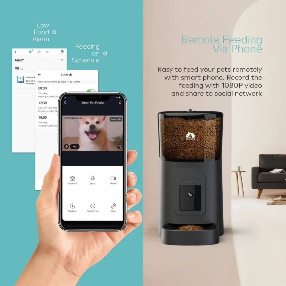 Floofi Smart Pet Feeder with Camera - Black - Pet Care > Dog Supplies > Dog Bowls Feeders & Waterers