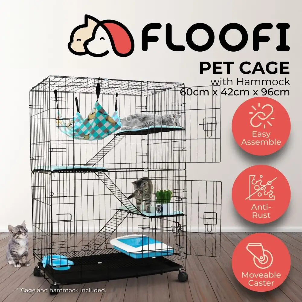 FLOOFI Three-Level Pet Rabbit Bird Cage with Hammock (Black) - Pet Care > Bird > Bird Cages & Stands