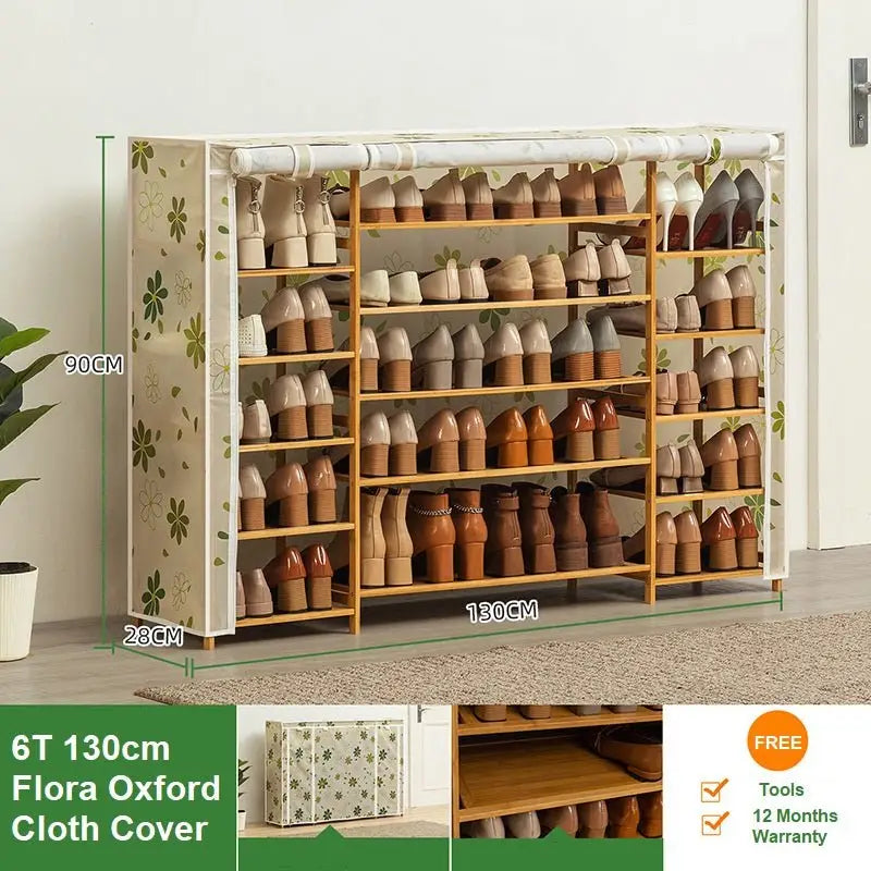 Flora Cover Six Tier Oxford Cloth Covered Tower Bamboo Wooden Shoe Rack Boot Shelf Stand Storage Organizer - Home &