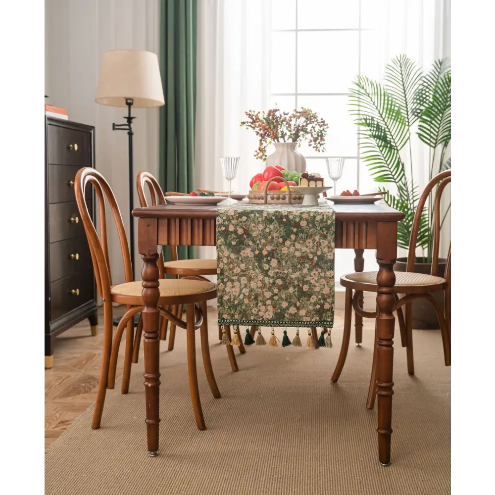 Floral Table Runner with Tassels - Jacquard Green Farmhouse Style (33x200cm) - Home & Garden > Decor > Vases & Table