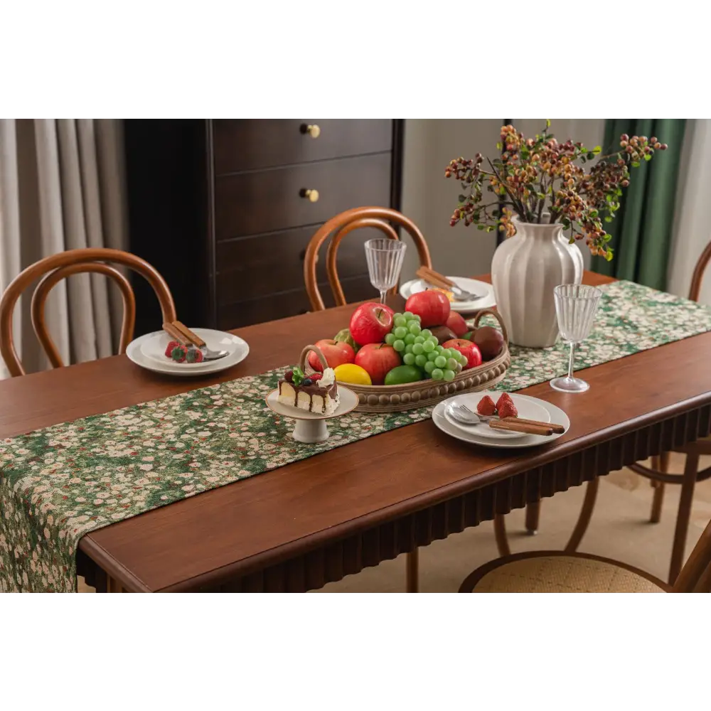 Floral Table Runner with Tassels - Jacquard Green Farmhouse Style (33x160cm) - Home & Garden > Decor > Vases & Table