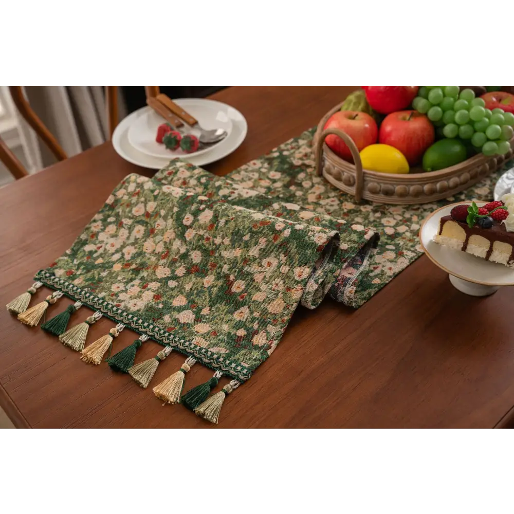 Floral Table Runner with Tassels - Jacquard Green Farmhouse Style (33x400cm) - Home & Garden > Decor > Vases & Table