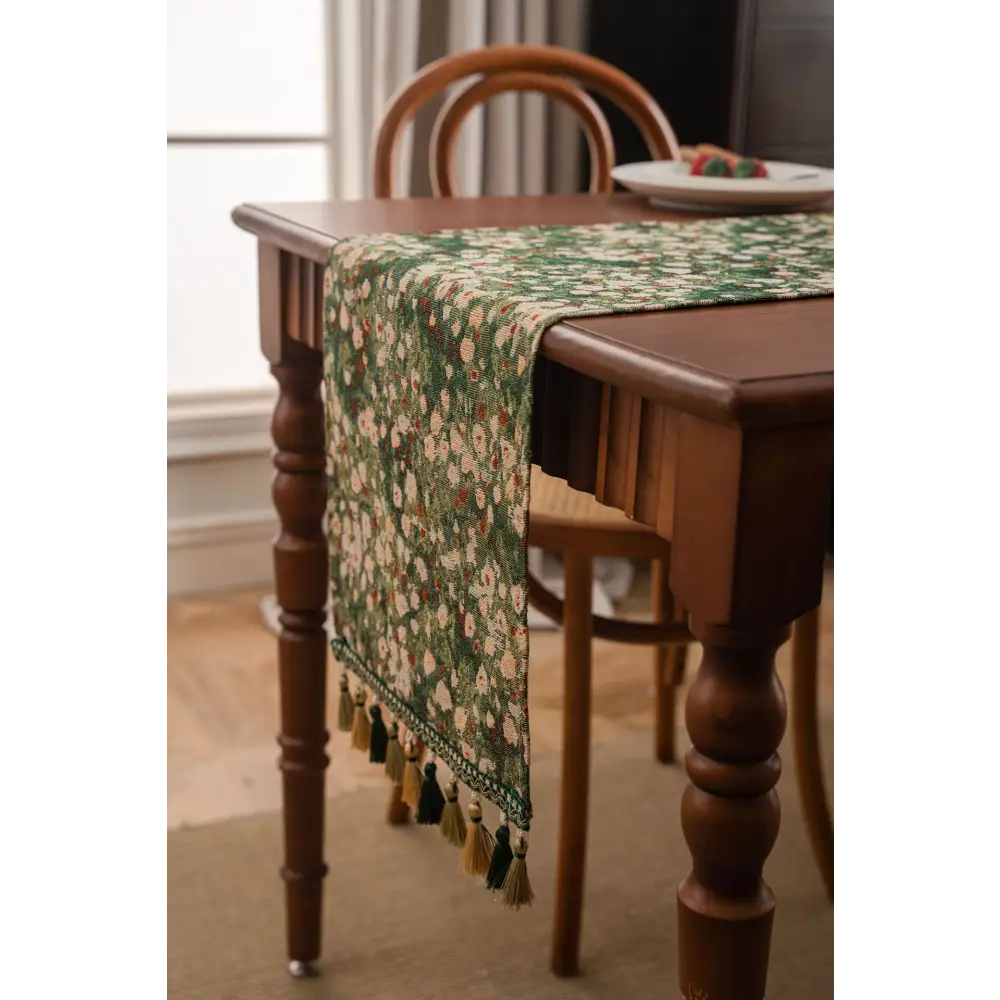 Floral Table Runner with Tassels - Jacquard Green Farmhouse Style (33x240cm) - Home & Garden > Decor > Vases & Table