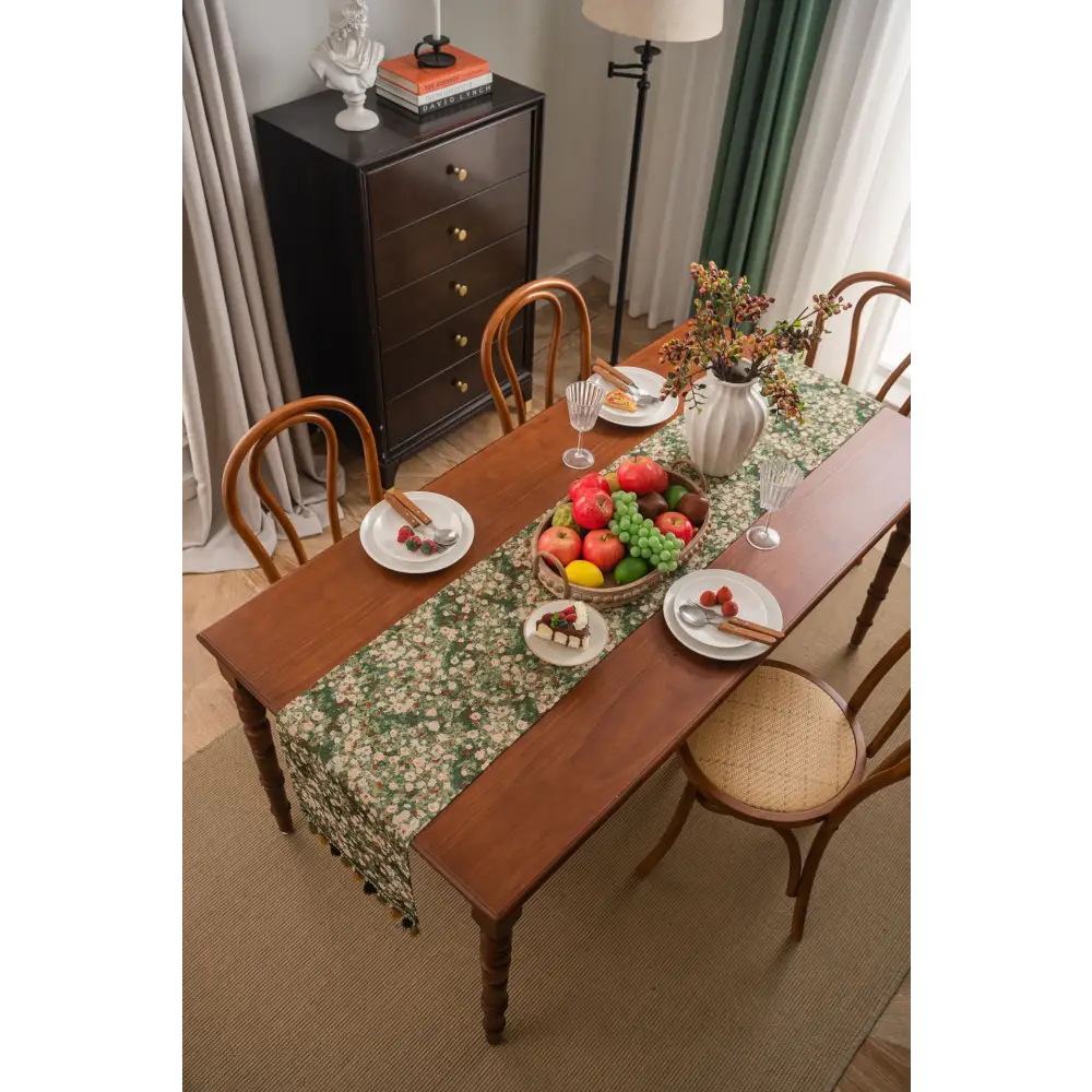 Floral Table Runner with Tassels - Jacquard Green Farmhouse Style (33x300cm) - Home & Garden > Decor > Vases & Table