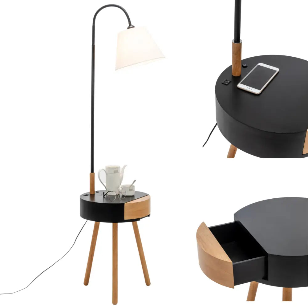 Florence Tripod Lamp Shelf Storage Drawer Bed Side Table Light w/ USB Charger - Home & Garden > Lighting > Floor Lamps