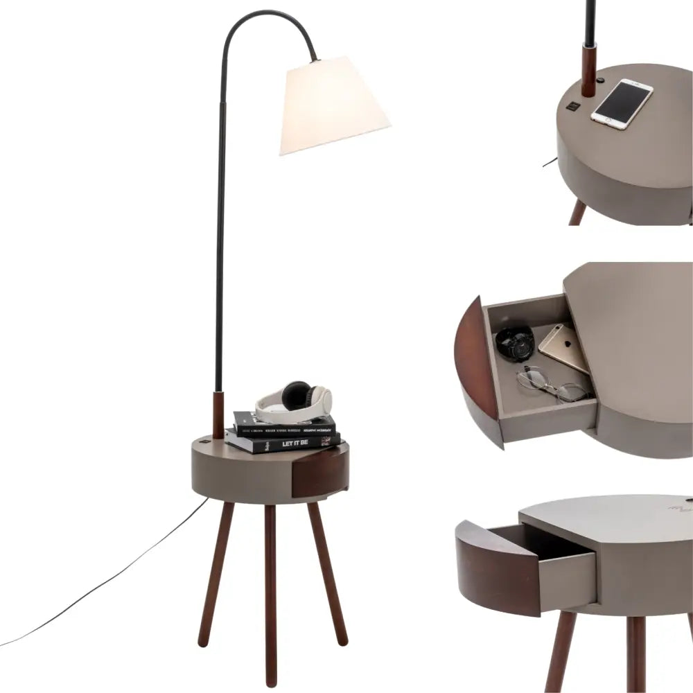 Florence Tripod Lamp Shelf Storage Drawer Bed Side Table Light w/ USB Charger - Home & Garden > Lighting > Floor Lamps