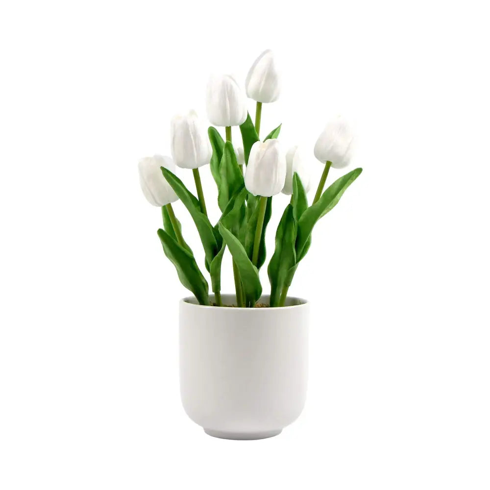 Flowering White Artificial Tulip Plant Arrangement With Ceramic Bowl 35cm - Home & Garden > Artificial Plants