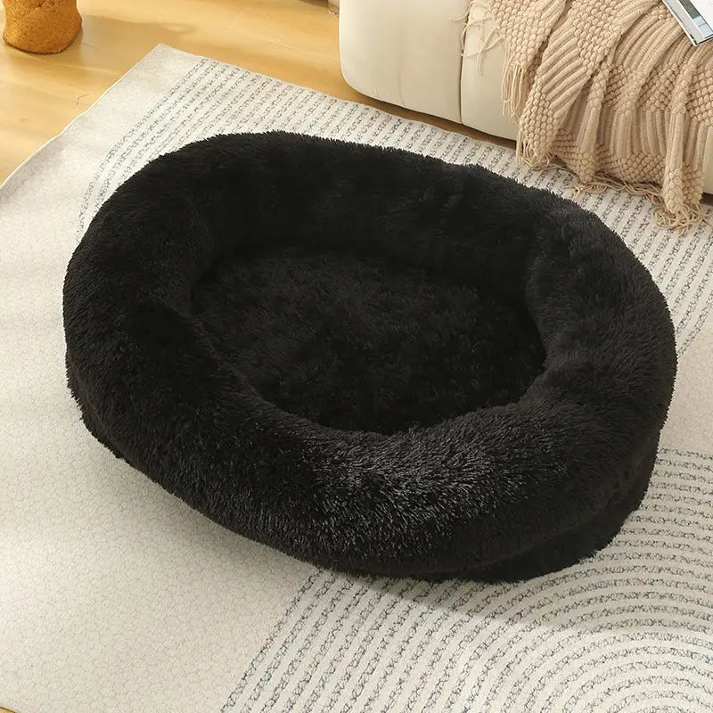 Fluffy Donut-Shaped Pet Bed- Soft Cozy and Anti-Anxiety for Dogs and Cats Machine Washable Black Size:L 90*65*20cm