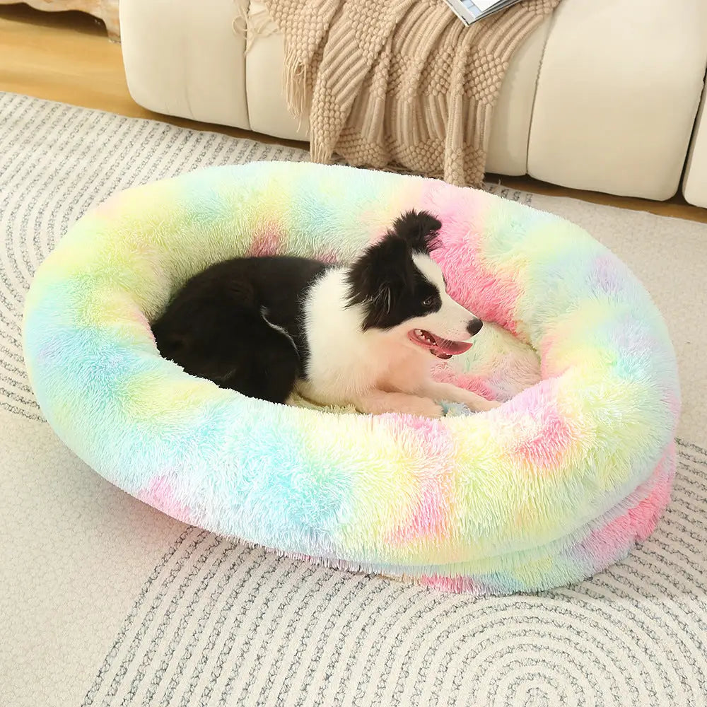 Fluffy Donut-Shaped Pet Bed- Soft Cozy and Anti-Anxiety for Dogs and Cats Machine Washable Rainbow-colored Size:S